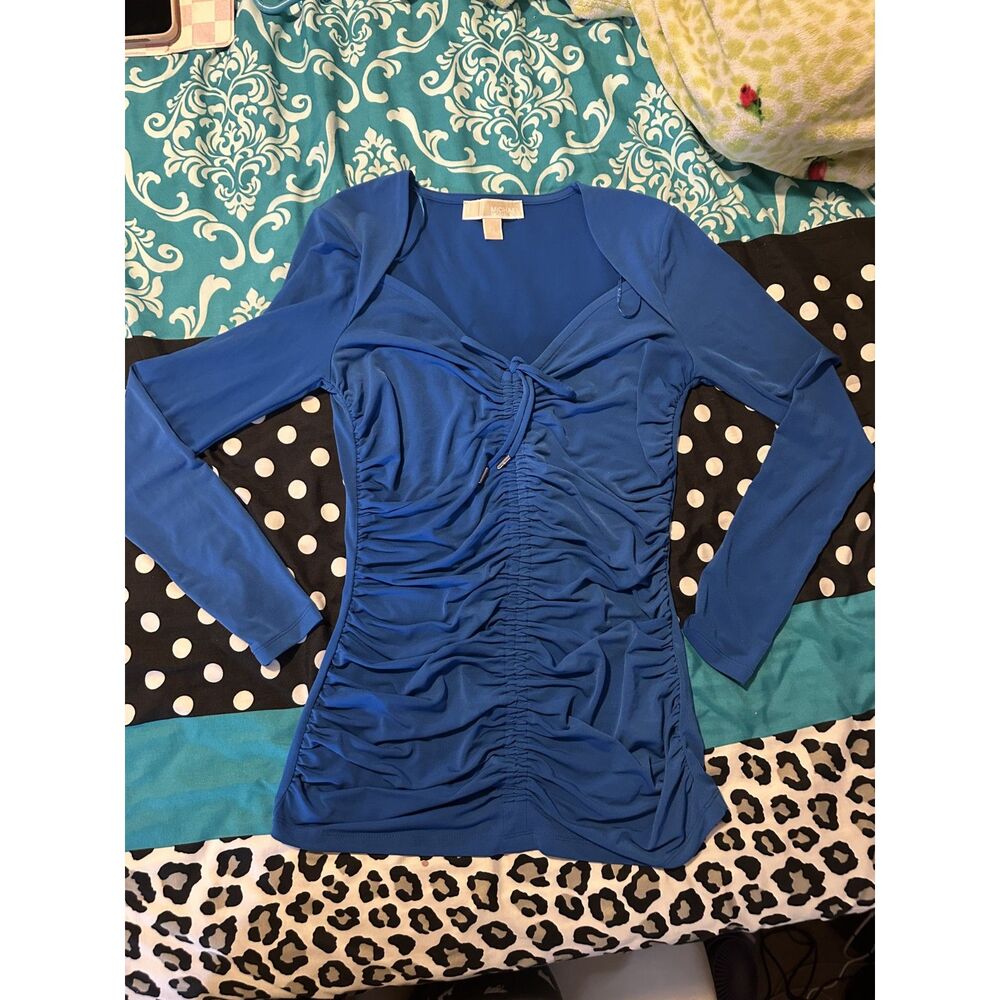 Michael Kors Grecian Blue Ruched Front Long Sleeve Top XS Proto